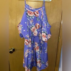 Purple Women's Plus Floral Print Cold Shoulder Round Neck Midi Dress 3XL